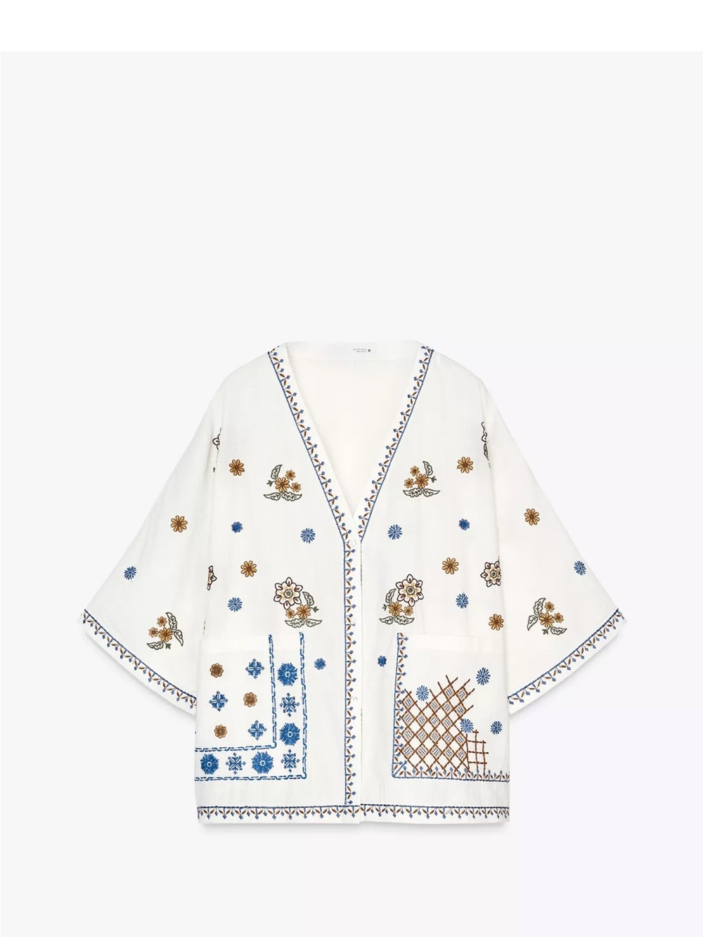 Zara White Embroidered Kimono Jacket with Blue and Gold Accents
